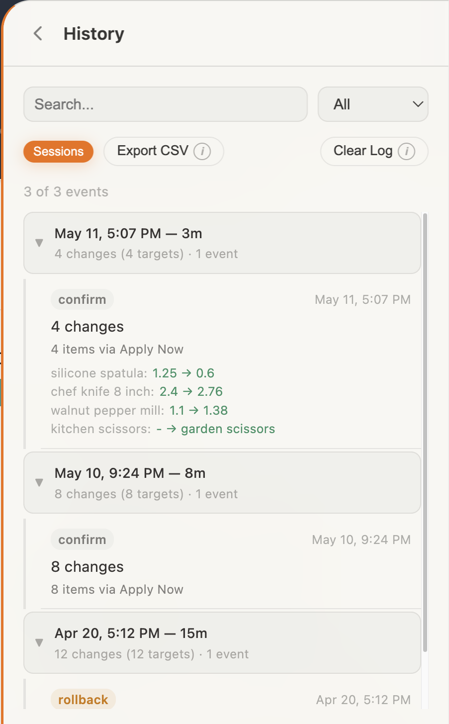 bddr History panel with the Today session expanded — four bid changes including silicone spatula $1.25 → $0.60 listed inline with timestamps, and the Yesterday and earlier-reverted sessions collapsed below