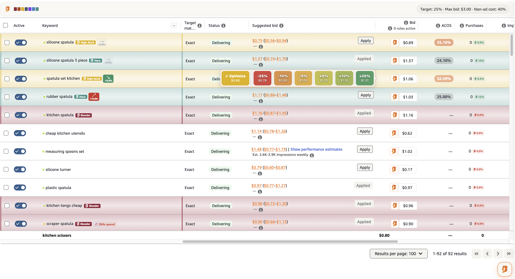 Amazon ad-group targeting page with ACoS heatmap; the chef knife 8 inch Hero row is spotlit and the inline Quick Bid action strip is open with Boost as the recommended green button