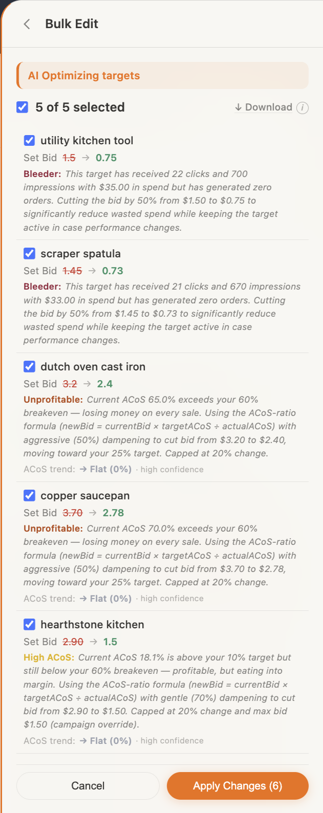 bddr Bulk Edit side panel titled AI Optimizing targets, showing fourteen targets each with current bid → new bid, tier badge, and inline reasoning text — including silicone spatula $1.25 → $0.60 capped by the campaign's maxBid override — with Apply Changes (14) at the footer